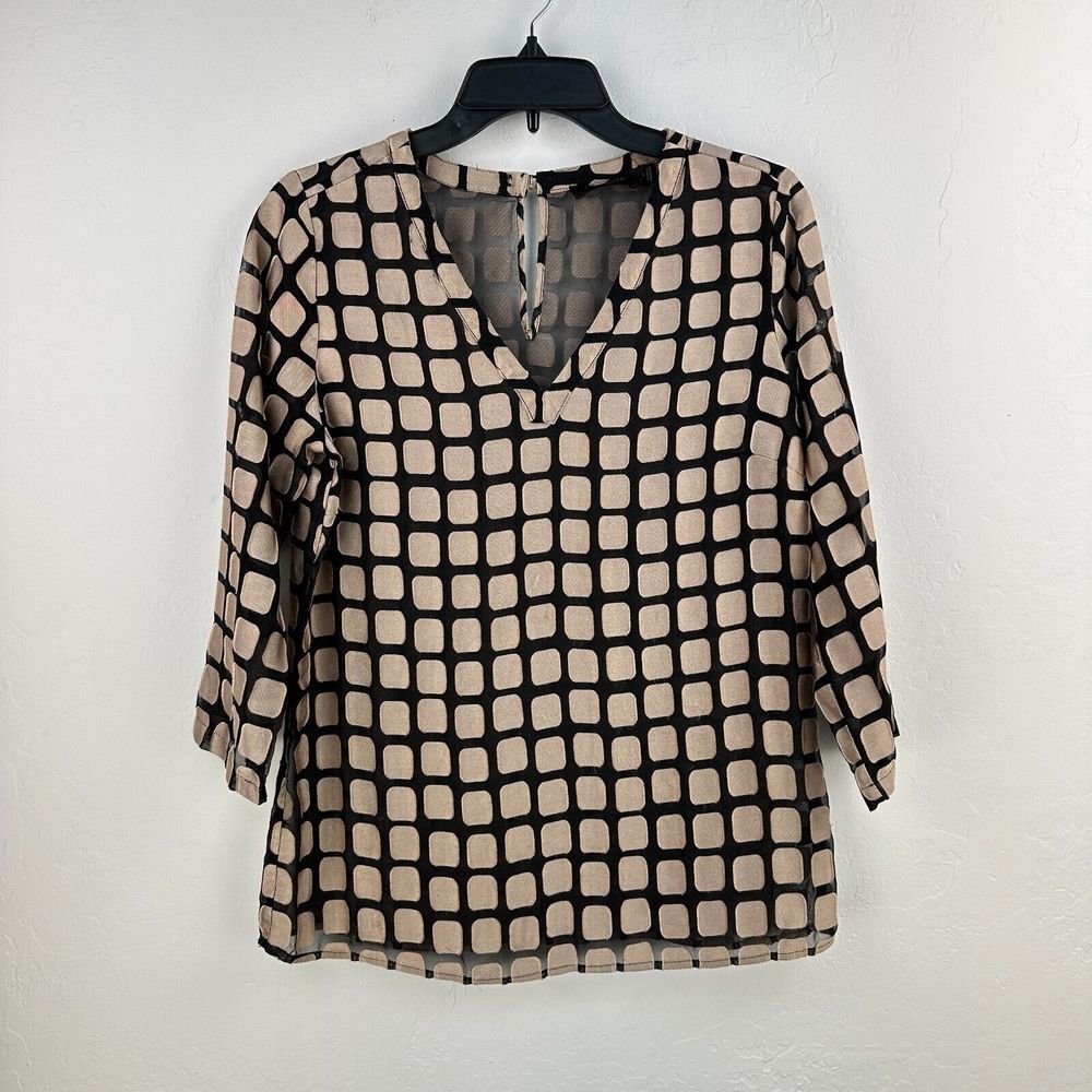 The Limited Blouse Top Womens S Black Bronze Geometric Half Sleeve Chiffon Sheer